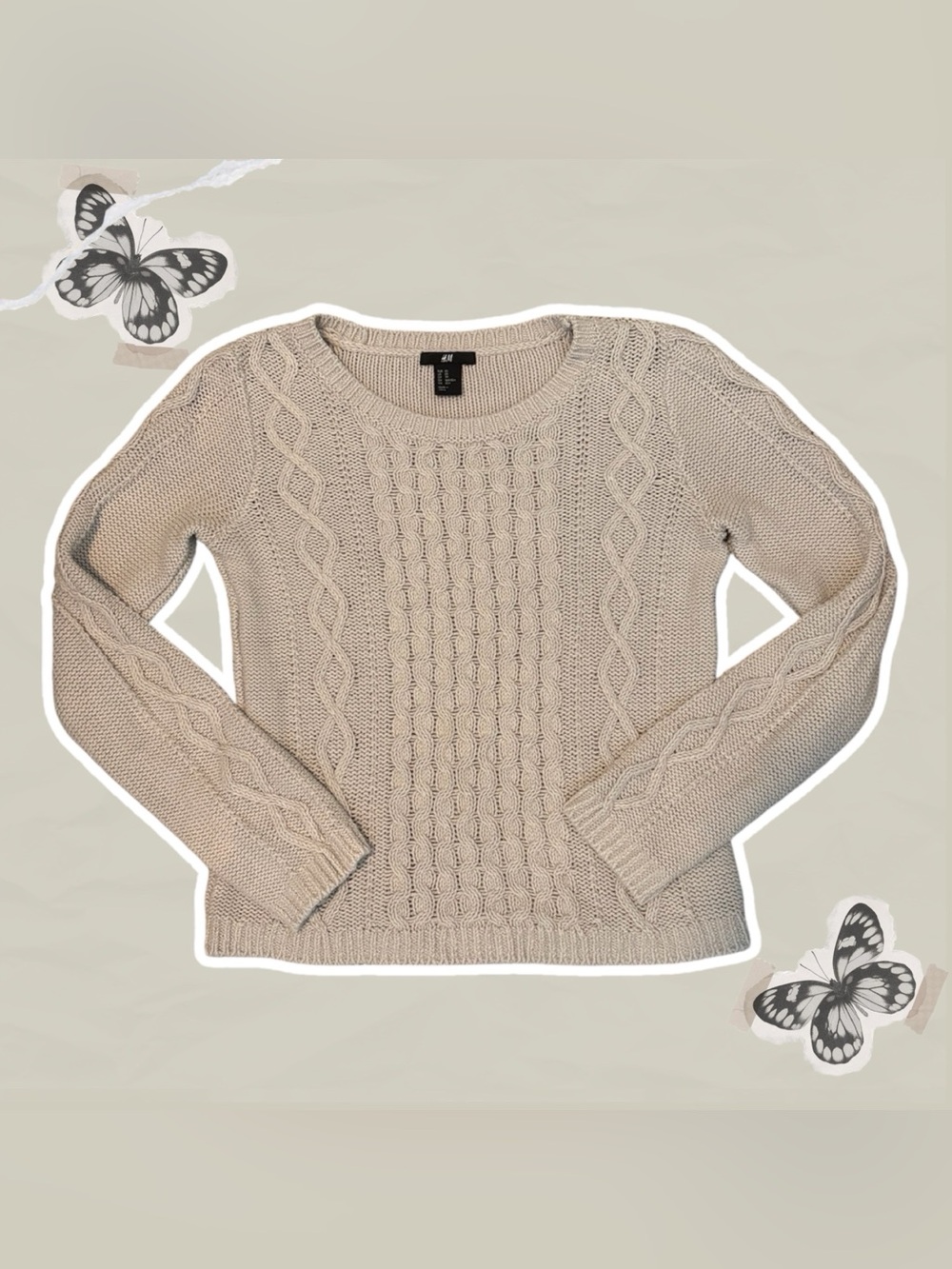 H&M Women’s XS Neutral Beige Cable Crewneck Sweater